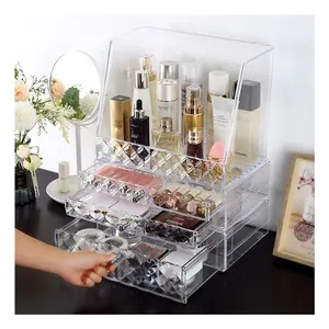 Cajón de almacenamiento de joyas para maquillaje cosmético a prueba de polvo apilable concha de escritorio extra grande conjunto organizador de maquillaje de plástico