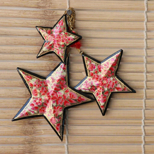3 Pcs Vintage Handmade Eco-Friendly Reusable Paper Star Ornaments with Floral Pattern and Hanging Loops for Christmas <b>Tree</b> Decor - Product Image 1