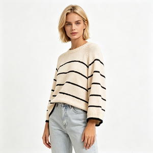 2026 New Arrival Striped Oversized Knit <strong>Sweater</strong>, <strong>Women's</strong> <strong>Beige</strong> Black Crew Neck Long Sleeve Pullover, Knitwear - Product Image 6