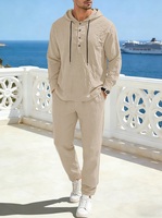 Ensemble de survêtement décontracté 2 pièces en lin pour homme, coupe ample, avec capuche Henley et pantalon à cordon, léger, idéal pour les vacances d'été à la plage (OEM/ODM)