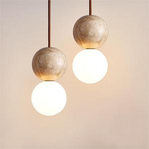 Luminaire suspendu de style japonais Wabi-Sabi en travertin jaune crème pour chambre à coucher, cordon long, luminaire rétro pour bar, îlot - Product Image 3