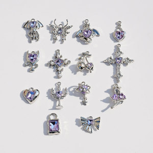 Colgante de aleación de diamante morado con forma de corazón, cruz, alas y lazo, accesorio de joyería para bricolaje, para pendientes, pulseras y collares de mujer - Product Image 4