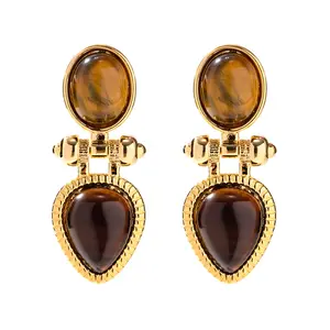 Vintage Jewelry 18K Gold Plated Brass Long Brown Black Matrix Resin Stud Drop Earring for Girls