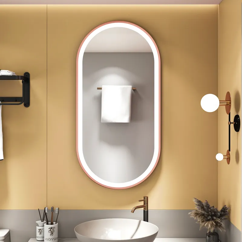 Anti sis tuvalet elektrikli ayna dokunmatik ekran akıllı cam oval alüminyum çerçeve ayna ile led ışık duş