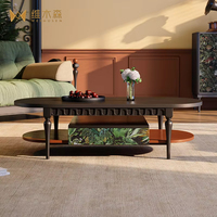 Table basse ovale en bois de frêne massif de style rétro français avec rangement pour petit appartement, salon, meubles de maison