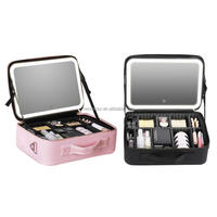 Boîte de rangement de cosmétiques de bureau de grande capacité, étui de trousse de maquillage Portable de voyage en cuir imperméable avec miroir lumineux Led