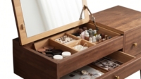 Coiffeuse moderne à rabat avec miroir, table de maquillage en bois massif avec tiroir de rangement pour petite chambre à coucher