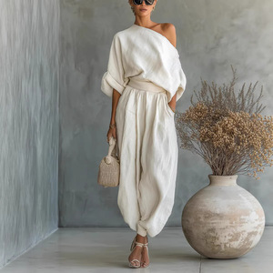 Top casual ampio e vestibilità comoda con <span class=keywords><strong>pantaloni</strong></span> a gamba larga <span class=keywords><strong>in</strong></span> cotone e <span class=keywords><strong>lino</strong></span> - Product Image 1