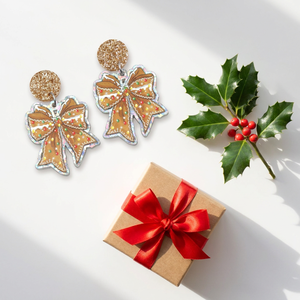Boucles d'oreilles pendantes en acrylique découpé au laser, motif nœud de pain d'épices de Noël, avec paillettes dorées, bijoux festifs de vacances, vente en gros en vrac - Product Image 5
