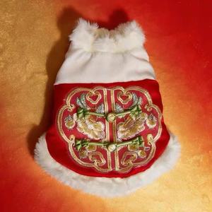 Vêtements pour animaux de compagnie de style chinois, costume Tang en brocart rouge et fourrure blanche, tenue de festival d'hiver pour petits chiens et chats, nouvel an lunaire - Product Image 3