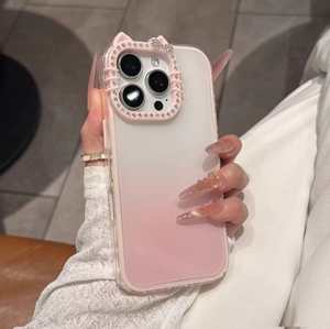 เคสโทรศัพท์ลายหูแมว 3 มิติ น่ารัก สีไล่ระดับ สำหรับ iPhone 17 16 15 14 13 Pro Max แบบถอดได้ 3in1 พร้อมกรอบกล้องประดับเพชร - Product Image 1