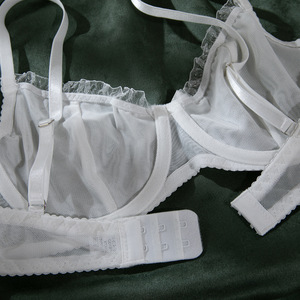 Conjunto de lencería de malla transparente blanca al por mayor para mujer, sujetador con aros y bragas tipo tanga de 2 piezas con ribete de volantes, lindo conjunto de lencería íntima. - Product Image 6