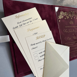 Invitation de mariage personnalisée en velours rouge, ensemble d'invitations en acrylique haut de gamme avec gaufrage doré, ensemble d'invitations de mariage - Product Image 4