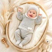 Combinaison bébé en coton KAIYUE, ensemble deux pièces tricoté sur mesure pour nouveau-né, avec col Peter Pan, bande de dentelle, ruban, pompons et bonnet