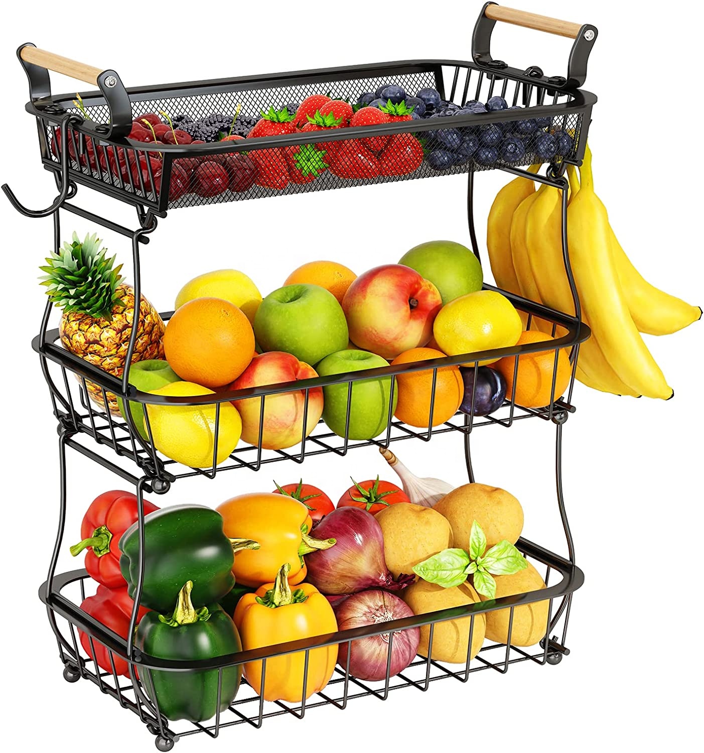 Organizador de soporte de frutas de alambre de Metal de gran capacidad de 3 niveles, cesta de frutas colgante con colgador de plátano para mostrador de cocina, cesta de frutas