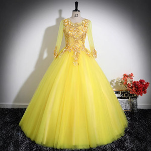 Yellow Stage Performance Dress Long Sleeves Puffy Skirt Women Art Exam Host Outfit 3D Floral Embroidery - Product Image 1