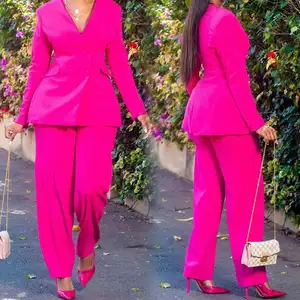 Gül pembe blazer takım elbise setleri bayanlar elegance çift düğme ceket ve pantolon kariyer iki parçalı setleri ofis kadın kıyafetleri