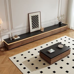 <b>Walnut</b> Wood <b>TV</b> Cabinet Floor <b>Standing</b> Storage Living Room Set Italian Minimalist Style Stone Slab Top Coffee Table Combination - Product Image 1