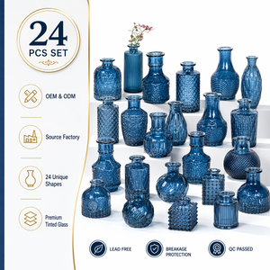 Juego de 24 Jarrones de Vidrio Azul con Diferentes Formas Texturizadas para Centros de Mesa de Boda, Decoración del Hogar y Oficina, Venta al por Mayor de Jarrones para Flores - Product Image 1