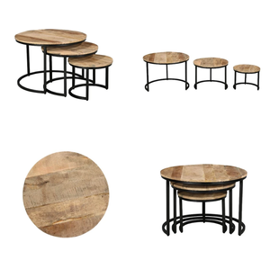 Modern <b>Round</b> <b>Coffee</b> <b>Table</b> Set of 3 Solid Wood and Metal Industrial Design <b>Nesting</b> <b>Tables</b> for Living Room Lounge Cafe Home Decor - Product Image 3