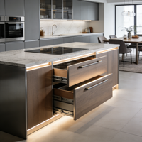 Meubles de cuisine blancs minimalistes scandinaves avec îlot gris et quincaillerie en laiton
