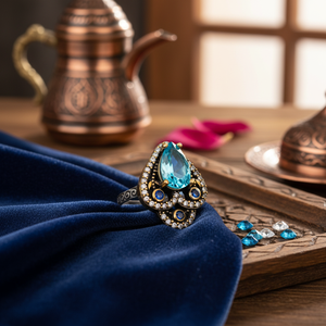 Pear Design Aquamarine <b>CZ</b> Ottoman Wholesale Turkish Design Jewellery Zircon Stone Handcrafted Authentic Silver <b>Ring</b> - Product Image 3