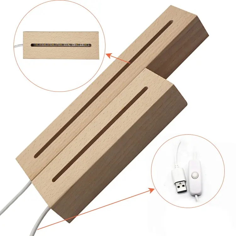 Wooden Base Cord Led Color Changing Desk Lamp Crafts Wood Rectangle Usb Change Table Night Light For Acrylic