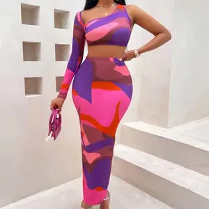 Unique design irregular custom print one sleeve short top with bodycon tight skirt sexy two-piece set for club