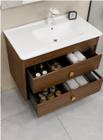 Meuble de salle de bain mural moderne en bois avec miroir LED et deux tiroirs de rangement, disponible en taille personnalisée, vente en gros directe usine
