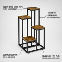 Rak Tanaman 4 Tingkat Modern, Rangka Besi Logam Hitam dan Bagian Atas MDF Motif Kayu, Rak Pot Bunga untuk Balkon, Beranda, Ruang Tamu