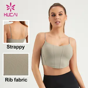 HUCAI Custom Logo Polyester Workout Slim Fit Spaghetti Strap Corset Curved Hem Crop Tank Top Padded Yoga Sports Bra