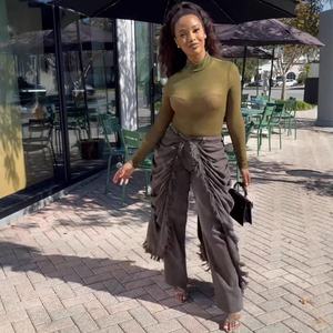 欧美女装高腰牛仔裤新款女装时尚个性百褶拉丝边直筒裤 - Product Image 4