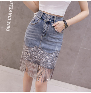 Falda Vaquera Sexy Coreana de Verano 2026 para Mujer, Minifalda Elástica de Cintura Alta con Lentejuelas y Borlas Azules, Falda Vaquera Ajustada - Product Image 2