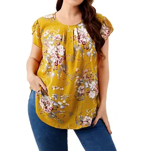 2023 New Fashion Style Half Sleeve Women's Casual Floral Flower Printed Blouse Loose Top Chiffon Fabrics For Ladies Blouse