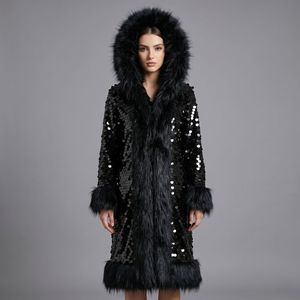 Cappotto Lungo da Donna in Pelliccia Sintetica con Paillettes Lucide Arcobaleno, Stile Punk Y2K, con Cappuccio, per Feste e Spettacoli Invernali, <span class=keywords><strong>Giacca</strong></span> Patchwork Color Block - Product Image 5