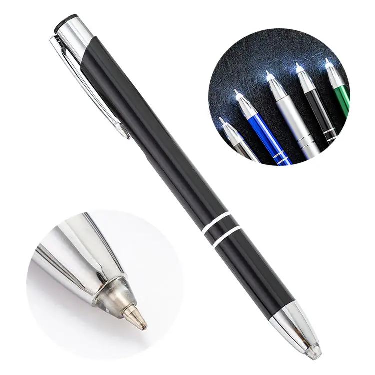Promotional LED Light pen Tip Metal Aluminum Ballpoint Pen With Printed Logo Custom Laser OEM For Office School Stationery
