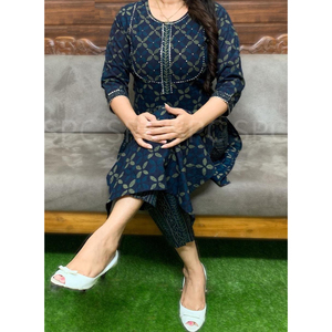 Dark Blue Straight Kurti <b>Pant</b> Set Sequins Work Embroidered Cotton Ethnic Wear <b>Three</b> <b>Quarter</b> Sleeves Round Neck Kurti <b>Pant</b> Set - Product Image 1
