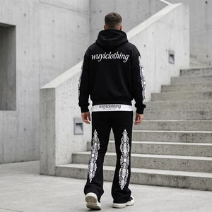 Cotton Heavyweight Cotton Black Tracksuit Men Unisex Custom LogoBaroque Graphic Print Hoodie Flare Leg Sweatpants Set Streetwear - Product Image 2