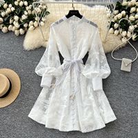 Robe Courte Sexy de Soirée à Manches Longues Broderie Creuse Boutonnée pour Femme – Nouvelle Collection Printemps