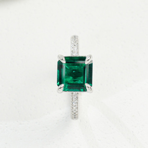 <b>Emerald</b> Cut Lab Created <b>Emerald</b> <b>Ring</b> S925 Sterling <b>Silver</b> Pave Side Stone Women <b>Ring</b> - Product Image 1