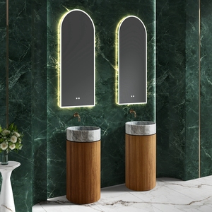 อ่างล้างหน้าแบบตั้งพื้นพร้อมฐานสแตนเลสลายไม้และอ่างหินอ่อนสีขาว - Product Image 5