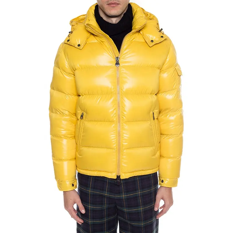 Winter High Quality Nylon Custom Design Bright Yellow Shell Hooded RDS White Duck Down Coat Nylon Puffer Coat Men's Jacket