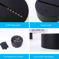 Lampe de nuit LED RGB en acrylique noir, base de lampe 3D avec télécommande tactile, câble USB à brancher, éclairage de chambre à coucher