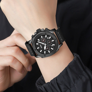 Montre chronographe ronde pour homme, bracelet en cuir de luxe, montre à quartz étanche 30M, montres en gros - Product Image 1