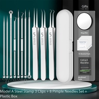 Kit de traitement professionnel de l'acné avec outil pour extraire les boutons, extracteur de comédons, pinces de différentes formes, tout dans un étui en métal