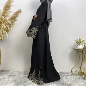Direct Manufacturer Design Lace Border Dubai Kaftan With Pearl Navy Lace Baju Kurung Women New Arrival Abaya