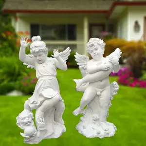 Sculpture de jardin moderne, enfants tenant des poissons, couleur blanche, taille réelle, résine de fibre de verre, <span class=keywords><strong>petit</strong></span> ange chérubin - Product Image 1