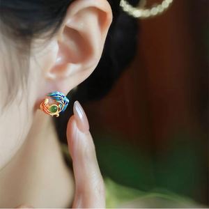 Imitation Natural Chalcedony Koi Enamel Glaze Zircon <b>Earrings</b> for Women New Chinese Style Retro Cloisonne Women's <b>Earrings</b> - Product Image 4