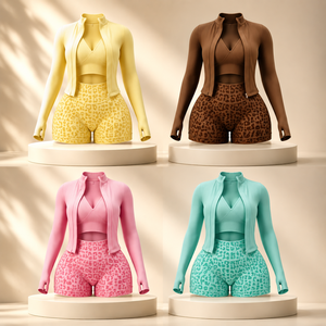 Ensemble de survêtement 3 pièces pour <span class=keywords><strong>femme</strong></span>, comprenant un crop top, un short et une <span class=keywords><strong>veste</strong></span> zippée à imprimé guépard/léopard, pour la fabrication OEM de vêtements de sport. - Product Image 2