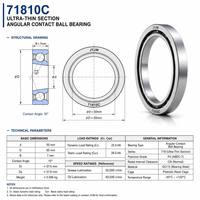 Rodamiento de Bolas de Contacto Angular de Sección Delgada JYJM OEM 71810C 50x65x7mm 15 Grados, Componente de Motor de Husillo CNC de Alta Precisión